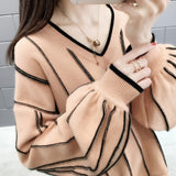 Autumn Winter New Knitted Sweater Women Loose wild V Neck Striped Pullover