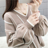 Autumn Winter New Knitted Sweater Women Loose wild V Neck Striped Pullover