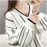 Autumn Winter New Knitted Sweater Women Loose wild V Neck Striped Pullover