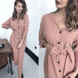 Sexy v Neck Long Sleeve Sashes Button Casual Dress