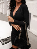 Elegant Long Sleeve Deep V Neck Jumper Dress Bodycon