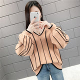 Autumn Winter New Knitted Sweater Women Loose wild V Neck Striped Pullover