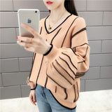 Autumn Winter New Knitted Sweater Women Loose wild V Neck Striped Pullover