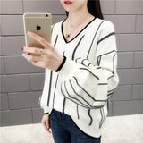 Autumn Winter New Knitted Sweater Women Loose wild V Neck Striped Pullover