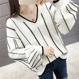 Autumn Winter New Knitted Sweater Women Loose wild V Neck Striped Pullover