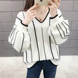 Autumn Winter New Knitted Sweater Women Loose wild V Neck Striped Pullover