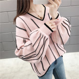 Autumn Winter New Knitted Sweater Women Loose wild V Neck Striped Pullover