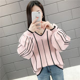 Autumn Winter New Knitted Sweater Women Loose wild V Neck Striped Pullover