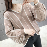 Autumn Winter New Knitted Sweater Women Loose wild V Neck Striped Pullover
