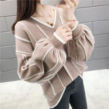 Autumn Winter New Knitted Sweater Women Loose wild V Neck Striped Pullover