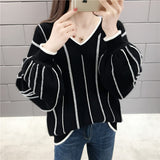 Autumn Winter New Knitted Sweater Women Loose wild V Neck Striped Pullover