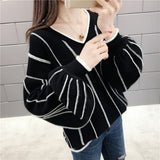 Autumn Winter New Knitted Sweater Women Loose wild V Neck Striped Pullover