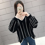 Autumn Winter New Knitted Sweater Women Loose wild V Neck Striped Pullover