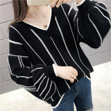 Autumn Winter New Knitted Sweater Women Loose wild V Neck Striped Pullover