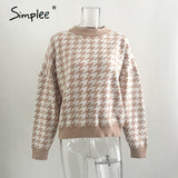 Simplee Women geometric khaki knitted sweater casual