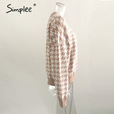 Simplee Women geometric khaki knitted sweater casual