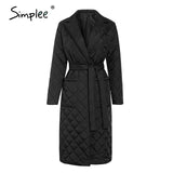 Simplee Fashion female winter windproof jacket sashes parka Long straight coat