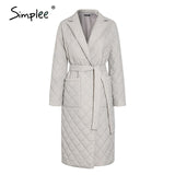 Simplee Fashion female winter windproof jacket sashes parka Long straight coat