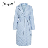 Simplee Fashion female winter windproof jacket sashes parka Long straight coat