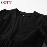 OOTN Deey V Neck Sexy Black Puff Sleeve A Line Dress