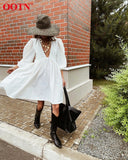 OOTN Deey V Neck Sexy Black Puff Sleeve A Line Dress