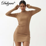 Dulzura Ribbed Stripe Mini Dress Drawstring Ruched Lace Up