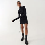 Dulzura Ribbed Stripe Mini Dress Drawstring Ruched Lace Up