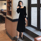 Autumn and Winter Gold Velvet Women Dress French Retro Square Collar Waist Office