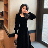 Autumn and Winter Gold Velvet Women Dress French Retro Square Collar Waist Office