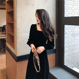 Autumn and Winter Gold Velvet Women Dress French Retro Square Collar Waist Office