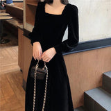 Autumn and Winter Gold Velvet Women Dress French Retro Square Collar Waist Office