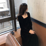 Autumn and Winter Gold Velvet Women Dress French Retro Square Collar Waist Office