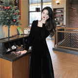 Autumn and Winter Gold Velvet Women Dress French Retro Square Collar Waist Office
