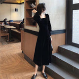 Autumn and Winter Gold Velvet Women Dress French Retro Square Collar Waist Office