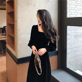 Autumn and Winter Gold Velvet Women Dress French Retro Square Collar Waist Office