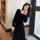 Autumn and Winter Gold Velvet Women Dress French Retro Square Collar Waist Office