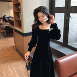 Autumn and Winter Gold Velvet Women Dress French Retro Square Collar Waist Office