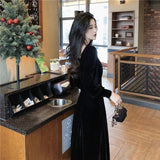 Autumn and Winter Gold Velvet Women Dress French Retro Square Collar Waist Office