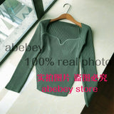Women cashmere sqaure collar full sleeve elastic waist pullover