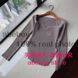 Women cashmere sqaure collar full sleeve elastic waist pullover