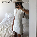 Articat Ruched Pleated Drawstring Short Sleeve Party Dress