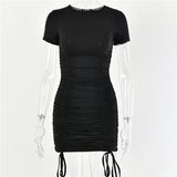 Articat Ruched Pleated Drawstring Short Sleeve Party Dress