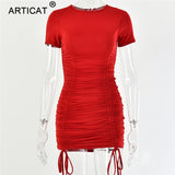Articat Ruched Pleated Drawstring Short Sleeve Party Dress