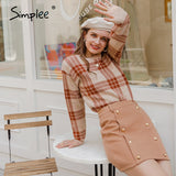 Simplee Women geometric khaki knitted sweater casual
