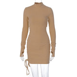 Dulzura Ribbed Stripe Mini Dress Drawstring Ruched Lace Up