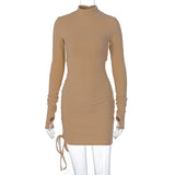 Dulzura Ribbed Stripe Mini Dress Drawstring Ruched Lace Up