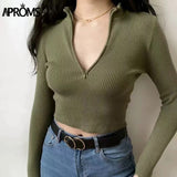 Aproms Elegant High Neck Zipper Front Knitted Sweater