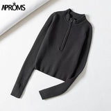 Aproms Elegant High Neck Zipper Front Knitted Sweater