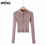 Aproms Elegant High Neck Zipper Front Knitted Sweater