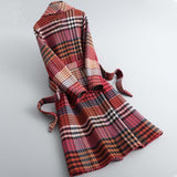 Winter Women Warm Wool Coat Plaid Belted Blends Outwear